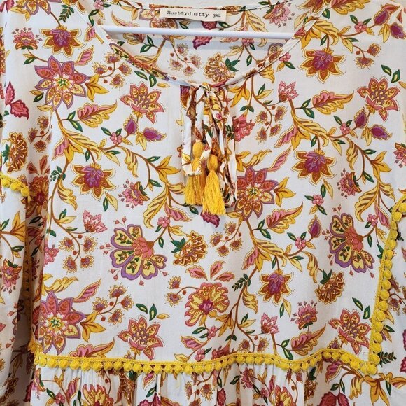Rusttydustty White Yellow Pink Boho Bohemian Top 3XL XXXL 3X Floral - Picture 2 of 6